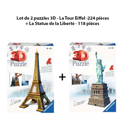 Lot de 2 puzzles 3D - La Tour Eiffel -224 pièces + La Statue de la Liberté - 118 pièces  Livraison offerte