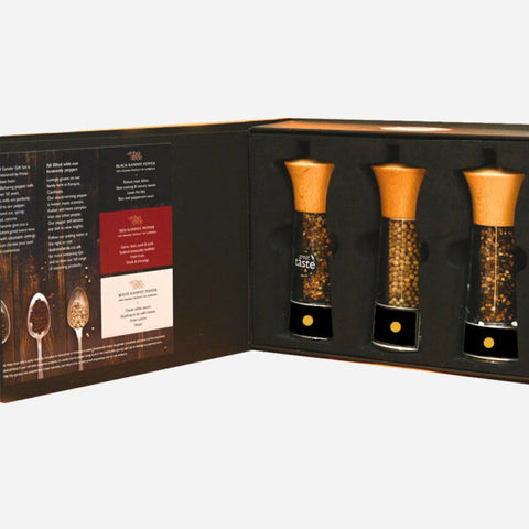 Coffret cadeau 3 Moulins à poivre un poivre noir + 1 poivre rouge + 1 mélange saveur de kampot - Livraison offerte