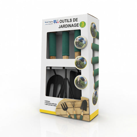 3 outils de jardinage : 1 râteau + 1 fourche à bêcher + 1 déplantoir à main - Livraison offerte