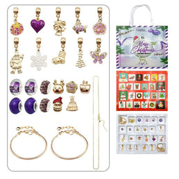 Calendrier de l'Avent 24 pièces Plaqué or de cristaux autrichiens de haute qualité : 10 charms, 6 perles violettes et 5 perles dorées ainsi que 2 bracelets et 1 collier - Livraison offerte