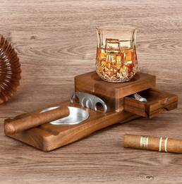 Cendrier à Cigares en bois + Dessous de verre de whisky en bois - Livraison offerte