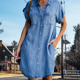 Robe tunique chemise en jean avec poches - Livraison offerte