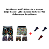 Lot de 6 boxers motifs à fleurs de la marque Serge Blanco + 1 Lot de 3 paires de chaussettes de la marque Serge Blanco - Livraison offerte