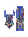 Ensemble 2 pièces à imprimé floral - 1 maillot de bain 1 pièce + 1 jupe longue - Livraison offerte