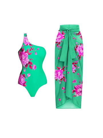 Ensemble 2 pièces à imprimé floral - 1 maillot de bain 1 pièce + 1 jupe longue - Livraison offerte