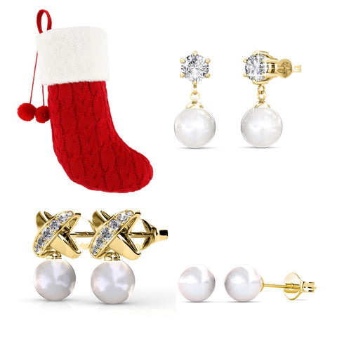 Chaussette secrète de Noël garnie de 3 paires de boucles d’oreilles perles en cristaux autrichiens de très haute qualité - Livraison offerte