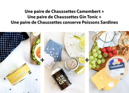 Une paire de Chaussettes Camembert + Une paire de Chaussettes Gin Tonic + Une paire de Chaussettes conserve Poissons Sardines - Livraison offerte