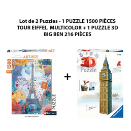 Lot de 2 Puzzles - 1 PUZZLE 1500 PIÈCES TOUR EIFFEL MULTICOLOR + 1 PUZZLE 3D BIG BEN 216 PIÈCES - Livraison offerte