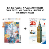 Lot de 2 Puzzles - 1 PUZZLE 1500 PIÈCES TOUR EIFFEL MULTICOLOR + 1 PUZZLE 3D BIG BEN 216 PIÈCES - Livraison offerte