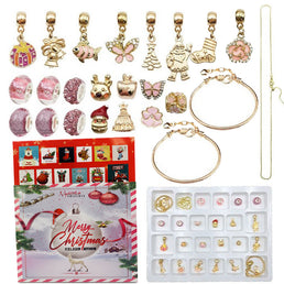 Calendrier de l'Avent 24 pièces plaqué or orné de cristaux autrichiens de haute qualité : 8 charms, 6 perles colorées, 7 perles dorées, ainsi que 2 bracelets et 1 collier - Livraison offerte