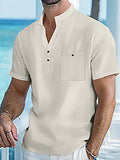 Chemise à manches courtes en coton et lin pour homme, avec col montant - Livraison offerte
