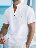 Chemise à manches courtes en coton et lin pour homme, avec col montant - Livraison offerte