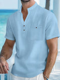 Chemise à manches courtes en coton et lin pour homme, avec col montant - Livraison offerte