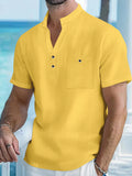 Chemise à manches courtes en coton et lin pour homme, avec col montant - Livraison offerte