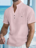 Chemise à manches courtes en coton et lin pour homme, avec col montant - Livraison offerte