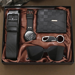 Coffret cadeau homme 5 pièces (1 montre à quartz avec bracelet en cuir, 1 portefeuille élégant, 1 paire de lunettes, 1 porte-clés design, 1 ceinture) - Livraison offerte