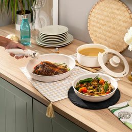 Ensemble de 2 poêles multifonctions + 1 casserole + 1 couvercle en verre avec bord en silicone + 1 poignée amovible et interchangeable - Livraison offerte