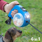 Laisse de chien rétractable 6 en 1 — Lampe torche LED + Horloge numérique + Distributeur d’eau extensible + Compartiment pour recompenses ou nourritures + Pack de sac - Livraison offerte