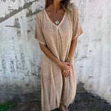 Robe d'été en coton et lin à manches courtes pour femme - Livraison offerte