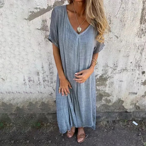 Robe d'été en coton et lin à manches courtes pour femme - Livraison offerte