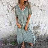 Robe d'été en coton et lin à manches courtes pour femme - Livraison offerte