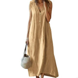 Robe longue décontractée en coton et lin avec col en V - Livraison offerte