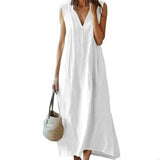 Robe longue décontractée en coton et lin avec col en V - Livraison offerte