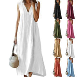 Robe longue décontractée en coton et lin avec col en V - Livraison offerte