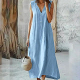 Robe longue décontractée en coton et lin avec col en V - Livraison offerte