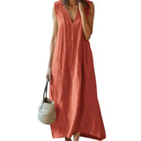 Robe longue décontractée en coton et lin avec col en V - Livraison offerte