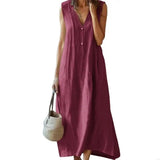Robe longue décontractée en coton et lin avec col en V - Livraison offerte