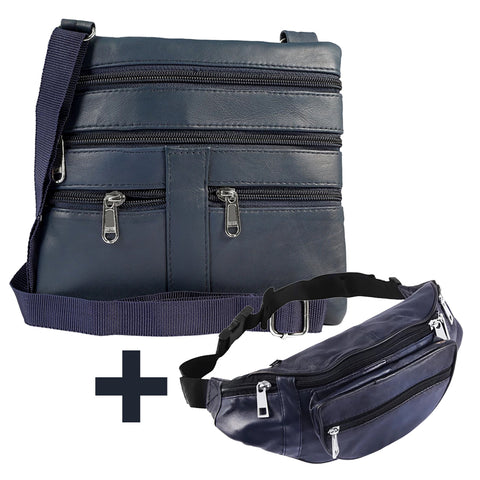 1 sac à bandoulière en cuir véritable + 1 Sac banane en cuir véritable - Livraison offerte