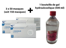 3 boîtes de 50 masques (150 masques) + une bouteille de gel hydroalcoolique de 500 ml offerte