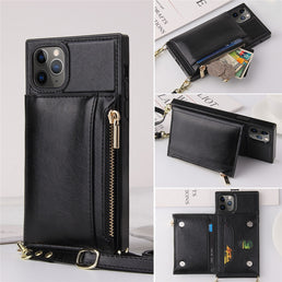 Coque en cuir porte monnaie à fermeture éclair avec longue sangle pour iPhone + porte carte intégré - Livraison offerte