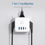 Station murale multi-prise 7 ports - 3 ports USB + 3 prises électriques + 1 prise type C 7 - Livraison offerte