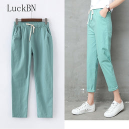 Pantalon en coton et lin pour femme taille élastique - Livraison offerte