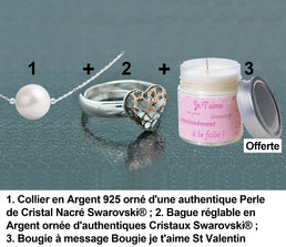 Coffret 1 Collier en Argent 925 orné d'une authentique Perle de Cristal Nacré Swarovski + 1 Bague Coeur en Argent ornée d'authentiques Cristaux Swarovski +  1 bougie je t'aime offerte - Livraison offerte