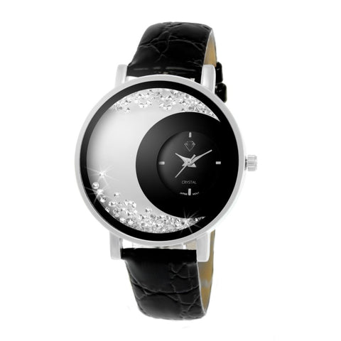 Montre Luna avec bracelet cuir noir ornée de 130 cristaux Autrichiens - Livraison Offerte
