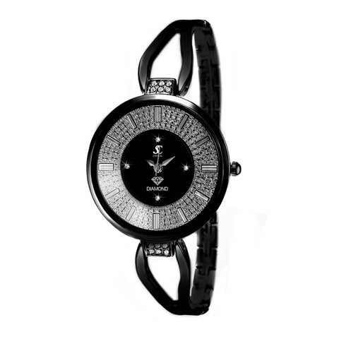 Montre pour Femme bracelet noir ornée de 15 cristaux Autrichiens - Livraison Offerte - Livraison Offerte