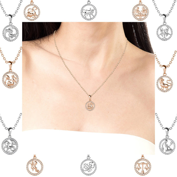 Chaîne signe du zodiaque en acier inoxydable avec pendentif orné de 29 cristaux autrichien haute qualité - Livraison offerte