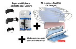 Support téléphone portable pour voiture + 10 masques en tissu lavables + 1 étui
